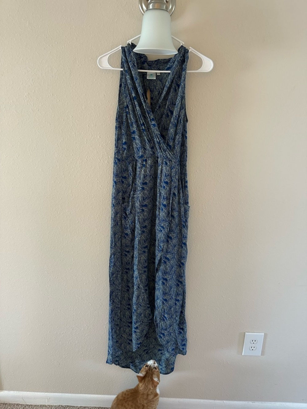 Blue Printed Sleeveless Maxi Dress with V-Neck Wrap